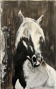 Iconic Stallion by artist Isabelle Truchon, featuring shadows and highlights of a white horse in mixed media n paper.